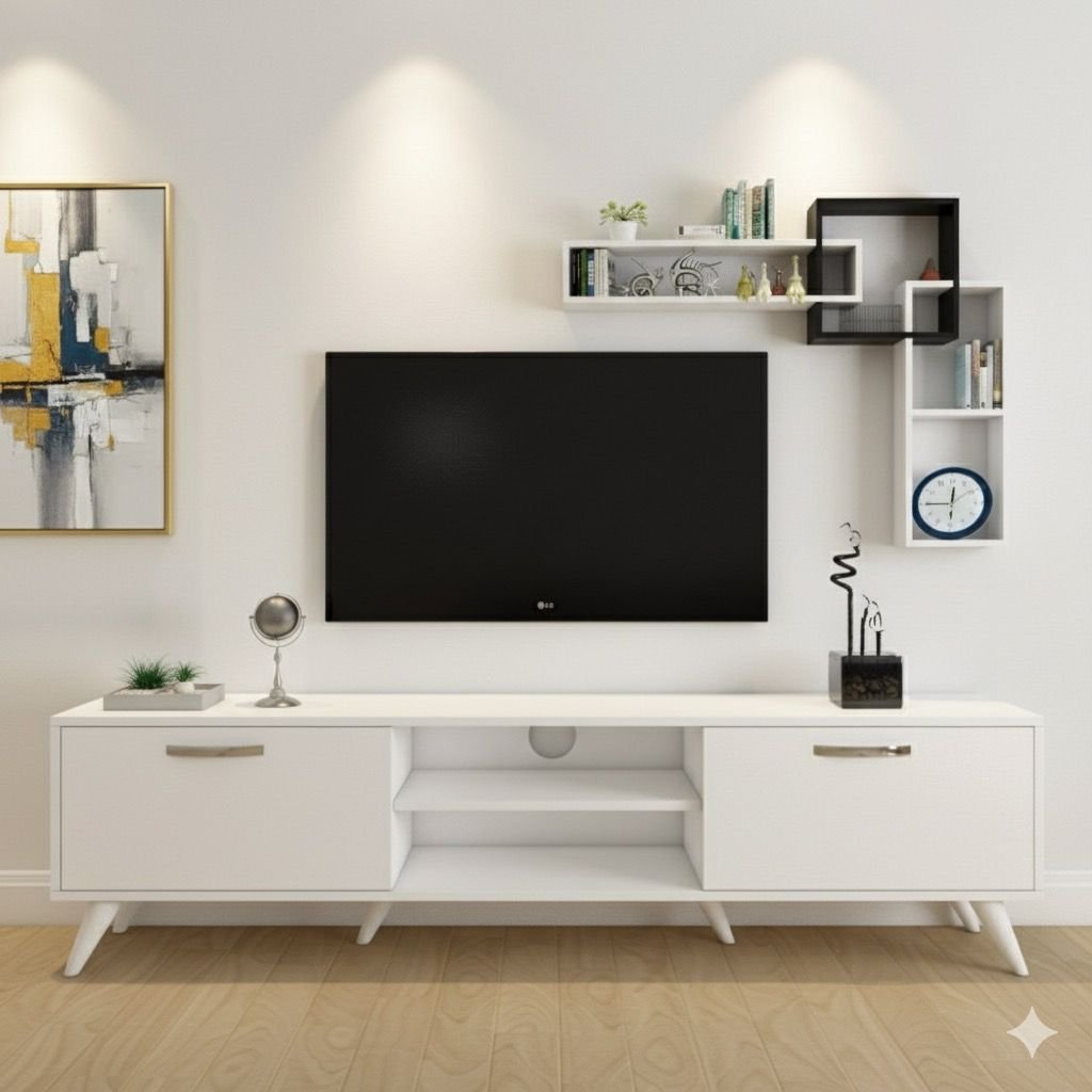Ensemble Meuble TV blanc 160 cm avec Etageres