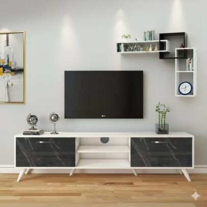 Ensemble Meuble TV noir/blanc 160 cm avec Etagères
