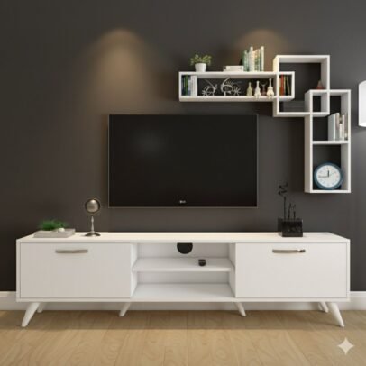 Ensemble Meuble TV blanc 160 cm avec étagères